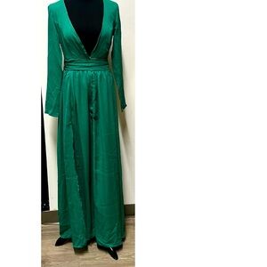 Emerald Green Plunge Maxi Gown with Bishop Sleeves